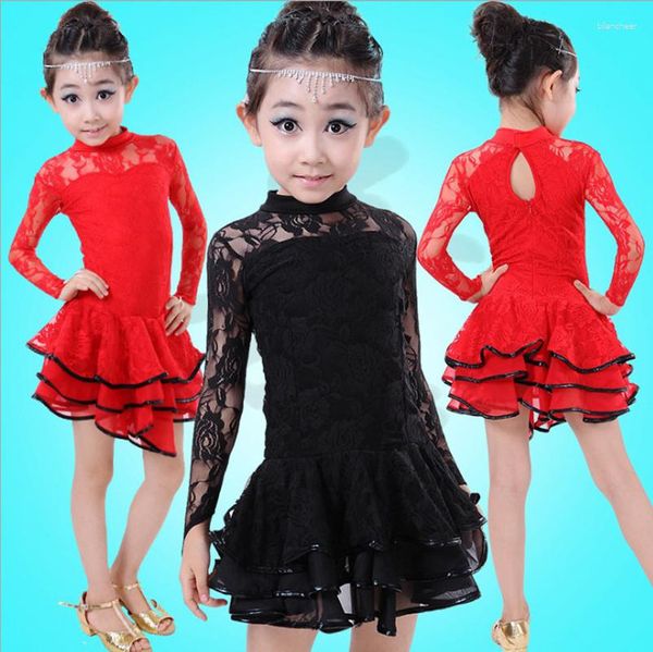 Stage Wear Enfants Manches longues Jaune Noir Rouge Dentelle Fleur Robe de danse latine Filles Jupe Robe de Baile Latino Costumes pour enfants