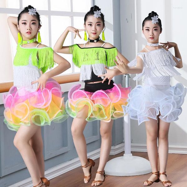 Ropa de escenario para niños, vestido de baile latino profesional para niñas, vestidos de competición de baile de salón, trajes de Jazz modernos con borlas para niños