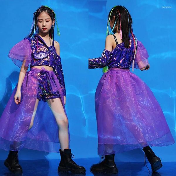 Escenario desgaste niños lentejuelas púrpura faldas de malla hiphop traje para niñas moda pasarela modelo trajes jazz rendimiento ropa DQS7144