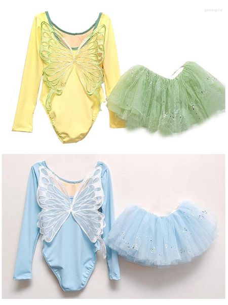 Portez des costumes de danse de ballet pour enfants pédiatriques à manches longues vêtements papillon arrière femelle petite fille danse robe jupes