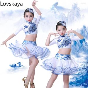Toneelkleding voor kinderen in blauw en wit porselein Latin Dance-kleding Show Girl