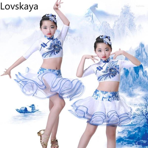 Stage Wear Vêtements de danse latine en porcelaine bleue et blanche pour enfants Show Girl