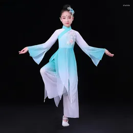 Stage Wear Costumes chinois classiques pour enfants Yangko National Square Dance Traditionnel Hanfu Parapluie Fan Pratique