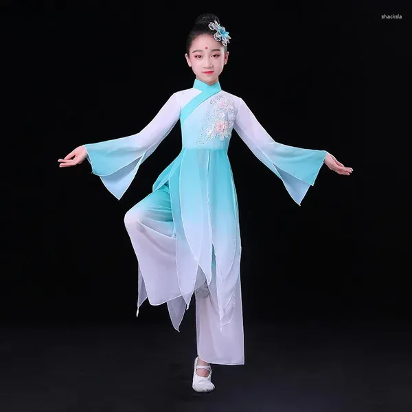 Escenario desgaste trajes chinos clásicos para niños Yangko Plaza Nacional Danza Tradicional Hanfu Paraguas Fan Práctica