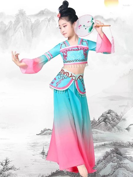 Etapa desgaste traje de danza clásica para niños Dunhuang ejercicio ropa ventilador paraguas elegante estilo chino han