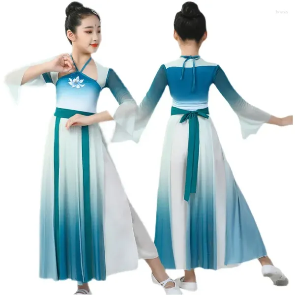 Stage Wear Costume de danse classique pour enfants Vêtements d'exercice Vêtements de gaze élégants pour le corps Style chinois Fan de fille ethnique