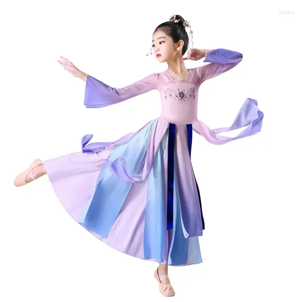 Vêtements de scène pour enfants, vêtements de spectacle de danse classique, charme élégant en gaze, éventail chinois, formation Hanfu pour filles