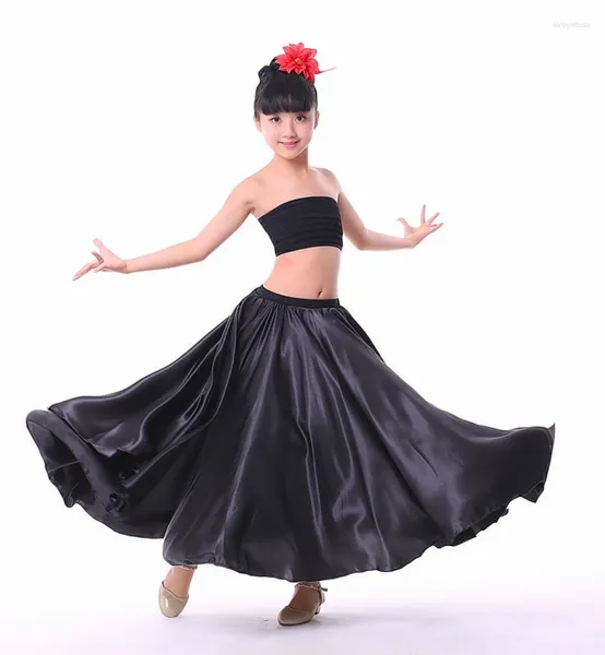 Stage Wear Jupe de pratique de danse pour enfants Brillant Satin Long Espagnol Swing Dancing Belly Sun 14 couleurs 2023