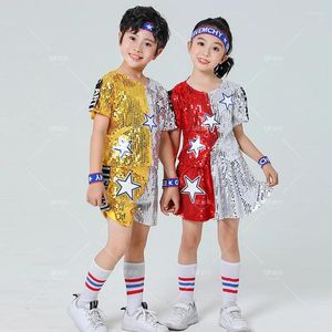 Stage Wear Costumes de danse pour enfants Costumes de paillettes Jazz Hip-Hop Activité scolaire Performance Hauts et jupes à manches courtes