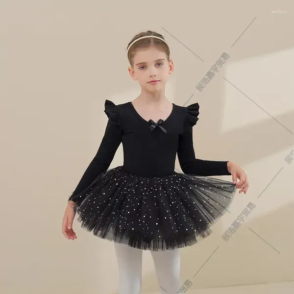 Stage Wear Uniforme de baile infantil Entrenamiento de algodón de algodón negro Pure Cotton's Falda de ballet de manga larga