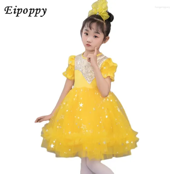 STAGE PEUR LES ENFANTS GAUZE Robe Performance Costume Girls Tulle Tutu Dance Sequins Migne Sequins Jaune