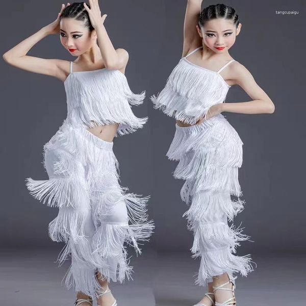 Stage Wear Enfants Fille Danse Latine Pure White Tassel Compétition Costume Set Split Top Pantalon Pratique