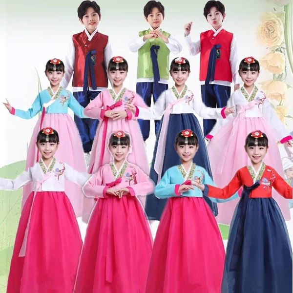 Etapa desgaste niños hanbok niñas niño traje de baile coreano minoría étnica rendimiento hombres mujeres vestido nacional niño