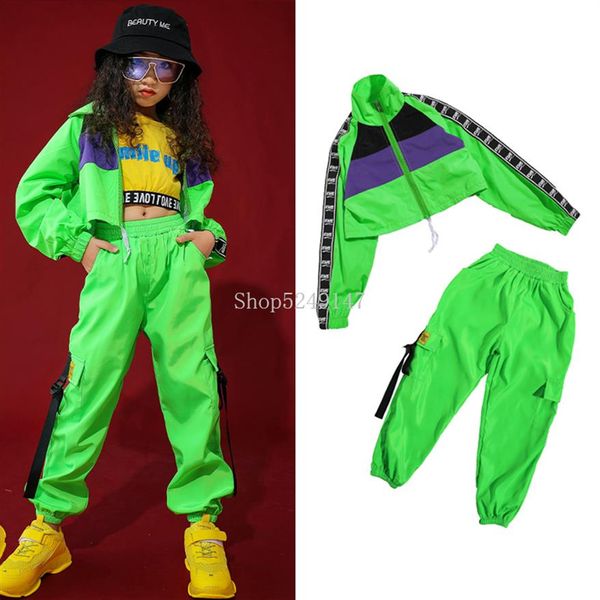 STAGE Wear Children's Jazz Dance Costume Girls Hip-Hop Clothing Street Fluorescent Green Set Modern Performance196i