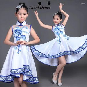 Escenario desgaste niños jazz danza latina niñas vestido espectáculo traje niño estilo chino azul y blanco porcelana guzheng conjunto