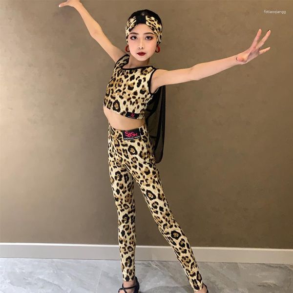 Etapa desgaste ropa de baile latino para niños niñas leopardo top pantalones niños traje profesional rendimiento SL8785