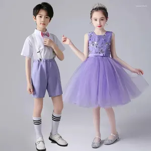 Stage Wear Costume de danse latine pour enfants Garçons et filles Poésie Récitation Chorus Performance Peng Jupe Robe