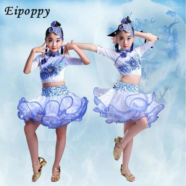Stage Wear Children's Latin Dance Disfraces de chicas Show Competition Falda Puff Skirt Blue y White Porcelana