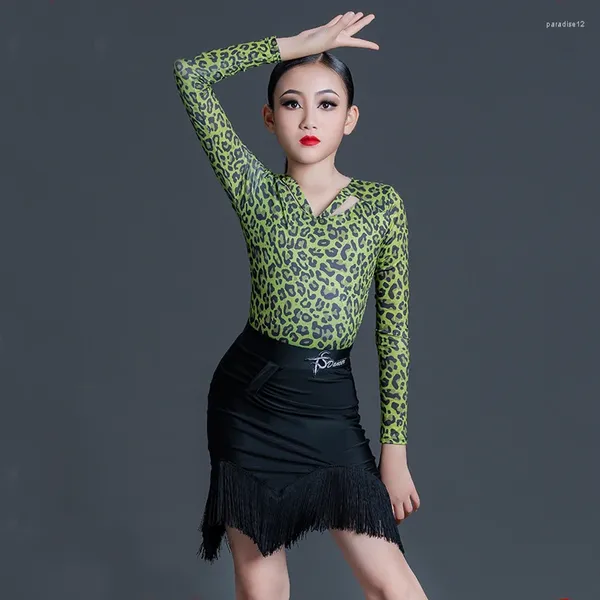 Etapa desgaste vestidos de baile latino para niños para niñas leopardo verde top faldas con flecos trajes de competición de salón SL7327