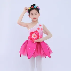 Stage Wear Costume de performance de danse latine pour enfants, jupe Peng pour fille en feuille de Lotus