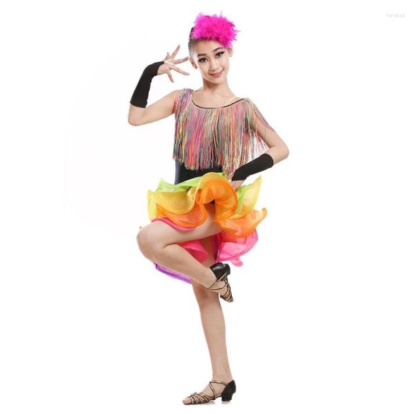 Vêtements de scène robes de danse latine pour enfants Performances Costumes de compétition paillettes franges Do92