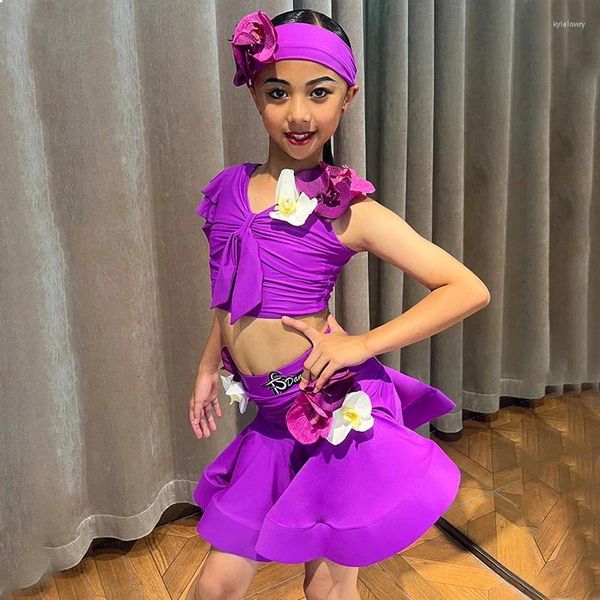 STATA Wear Latin Dance de Danza Latina para niños Girls Purple Top Skirts Performance de perfilado SL9063