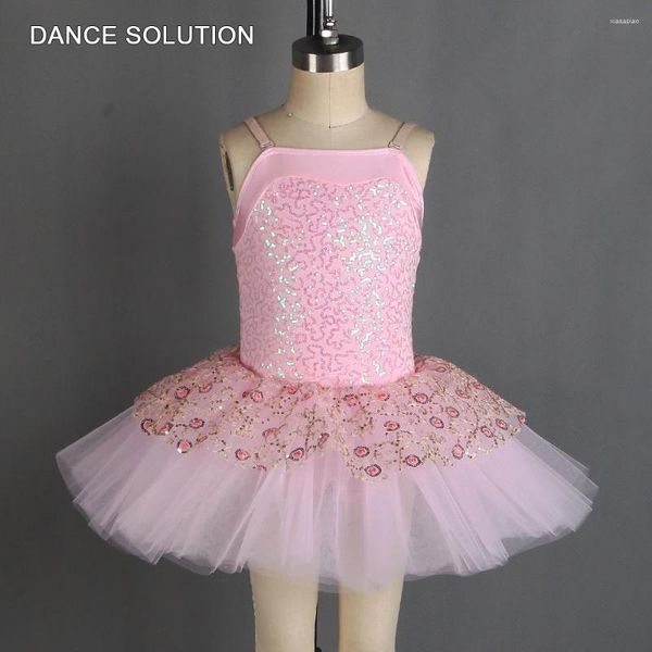 Stage Wear Robe Tutu de ballet rose pour enfants, corsage en spandex à paillettes avec jupe courte en tulle, costume de princesse pour filles 20246