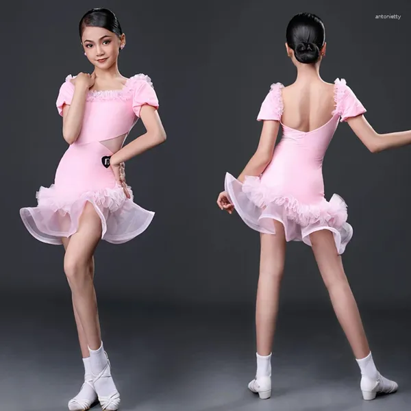 Ropa de escenario Vestido de baile latino de encaje rosa para niños para niñas Ropa de competición de salón Rendimiento para niños SL7197