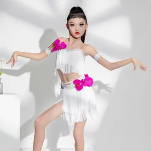 Stage Wear Robes de danse professionnelle pour enfants pour filles Costume de danse latine à franges Blanc Full Glands Top Jupe SL9104
