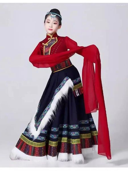 Stage Wear Costume de danse tibétaine pour enfants, grande jupe de spectacle de balançoire pour filles, vêtements ethniques mongols de style chinois