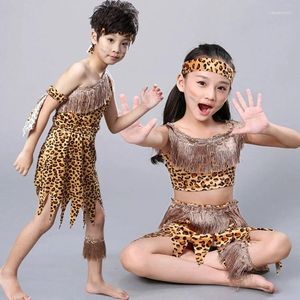 Stage Draag Kinderen Savage Caveman Costumes Boy Leopard African Tribal Clothing For Girl Performance Cosplay Dress