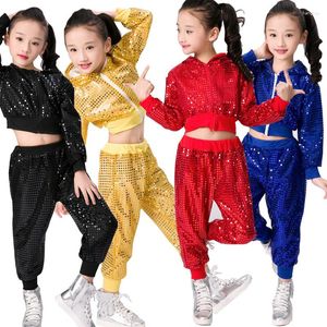 Stage Wear Enfants Paillettes Jazz Danse Moderne Cheerleading Hip Hop Costume Pour Enfants Garçon Filles Crop Top Et Pantalon Performance Tenues Vêtements