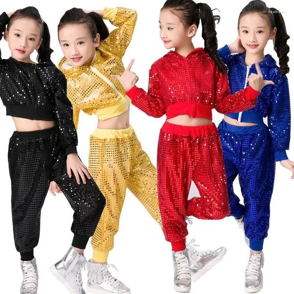 Stage Wear Children Sequins Jazz Dance Modern Cheerleading Hip Hop Disfraz para niños Top de la altura de los niños y pantalones