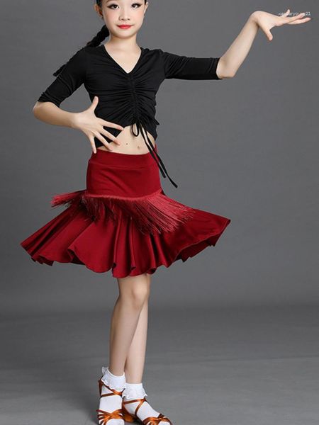 Stage Wear Enfants Solide Couleur Latin Dance Jupes Belly Costume Vêtements Taille Haute Fille Enfants Concours Glands Vêtements Femmes Filles