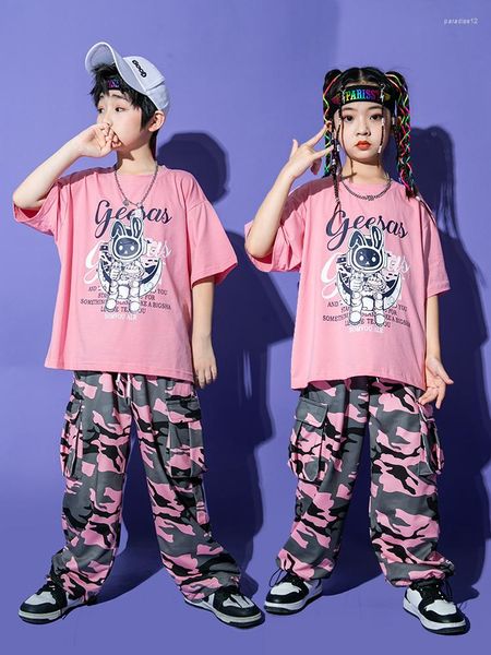 Desgaste de la etapa Ropa de verano para niños Camiseta de hip hop Pantalones de camuflaje rosa Niños Traje de baile callejero suelto Traje de rendimiento para niñas BL11135