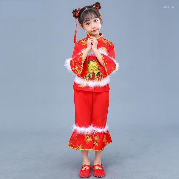 Desgaste de la etapa Niños Yangko Trajes de baile folclórico Moderno Hanfu Niñas Traje tradicional chino nacional Tambor de cintura