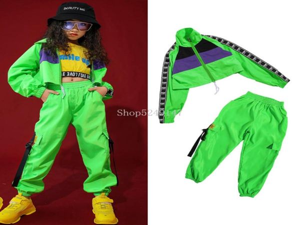 Stage Wear Children039S Costume de danse Jazz Filles HipHop Vêtements Street Fluorescent Green Set Performance moderne 2953257