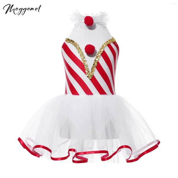 Stage Wear Childs Filles Robe de danse de Noël sans manches rayé Candy Cane Outfit Justaucorps Tutu Ballet Costume de Noël Costume de patinage artistique