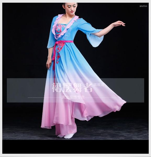 Vêtements de scène Costumes de danse classique chinoise bleu rose dégradé femme tambour National fée mythe vêtements de Performance