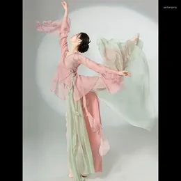 Ropa de escenario Vestido de danza clásica china Estilo fluido Media falda Gasa Traje de actuación nacional