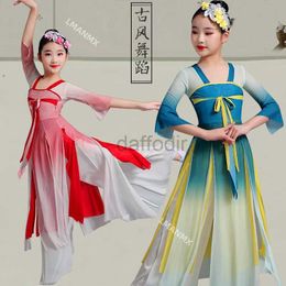 Stage Draag Chinees Kostuum Hanfu Nieuwe kinderen KLASSIEKE PATTURE COSTUMES Paraplu Dance Ethnic Girls Yangko Clothing Fan Dance D240425