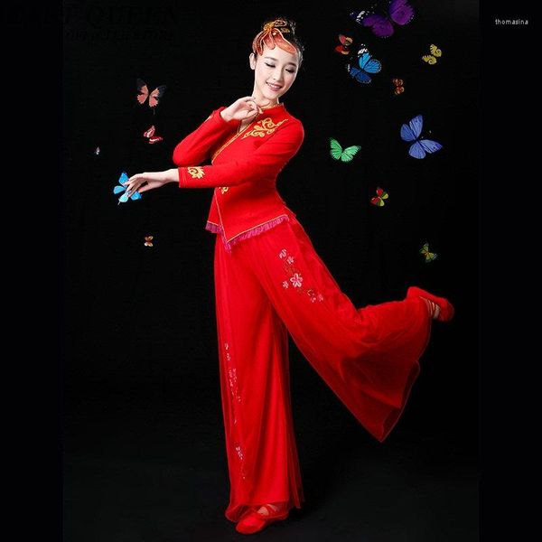 Etapa desgaste chino folk danza ropa pantalones trajes trajes yango tambor fan traje rendimiento ff747