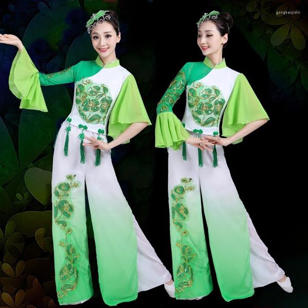 Etapa desgaste trajes de baile folclórico chino ropa para mujeres clásico ventilador verde yangko tradicional