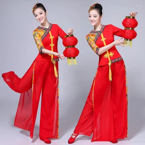 Escenario desgaste chino folk danza trajes clásicos modernos tradicional oriental hanfu yangko vestido elegante ventilador paraguas