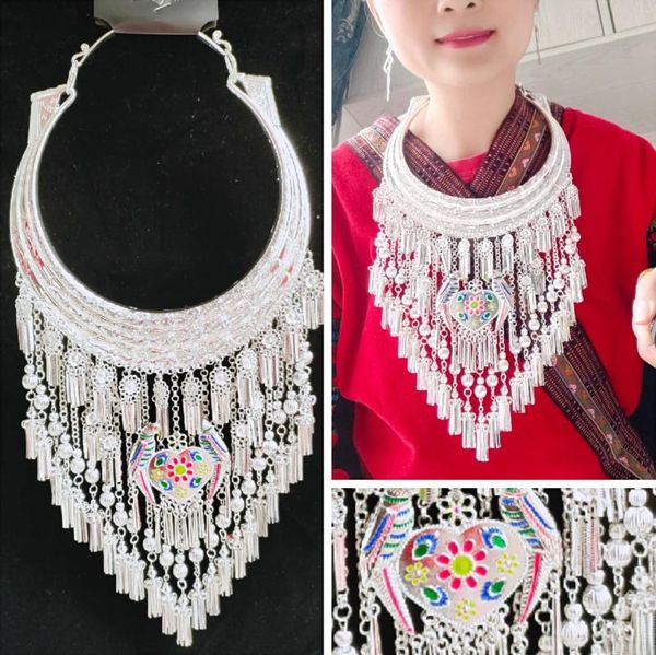 Stage Wear Chinois Hmong Collier Femmes Tradition Argent Couleur Ethnique Cravates Bijoux Couples Miao Danse