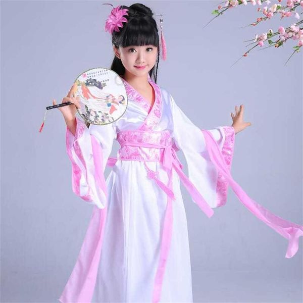 Vêtements de scène Robe en soie chinoise Costume filles enfants Kimono chine traditionnel Vintage ethnique Fan étudiants chœur danse Hanfu