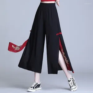 Stage Wear Style chinois Pantalon à jambes larges en mousseline de soie Broderie Esthétique Femmes Élégantes Ethnique Split Kimono Baggy Danse