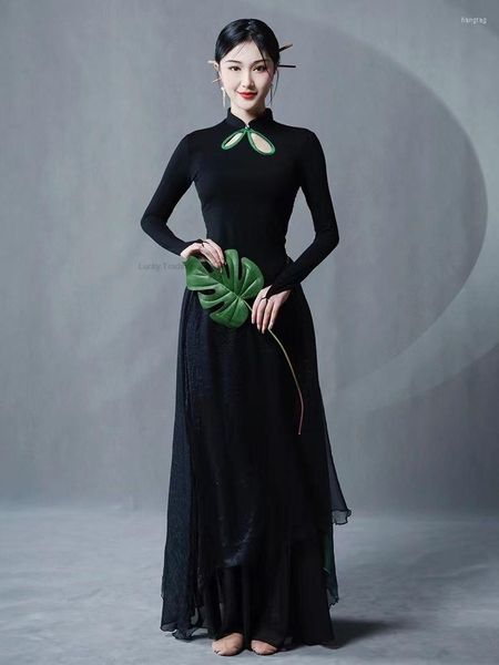 Vêtements de scène Style chinois robe de danse classique noir à manches longues Qipao ensemble Oriental moderne jupe pantalon Cheongsam