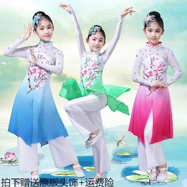 Escenario desgaste estilo chino hanfu niños clásico trajes de baile folclórico niñas paraguas fan rendimiento ropa