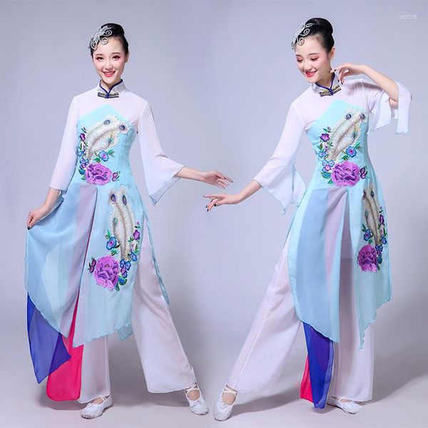 Vêtements de scène Style chinois Hanfu Costume de danse classique femme ventilateur parapluie Yangko vêtements traditionnels